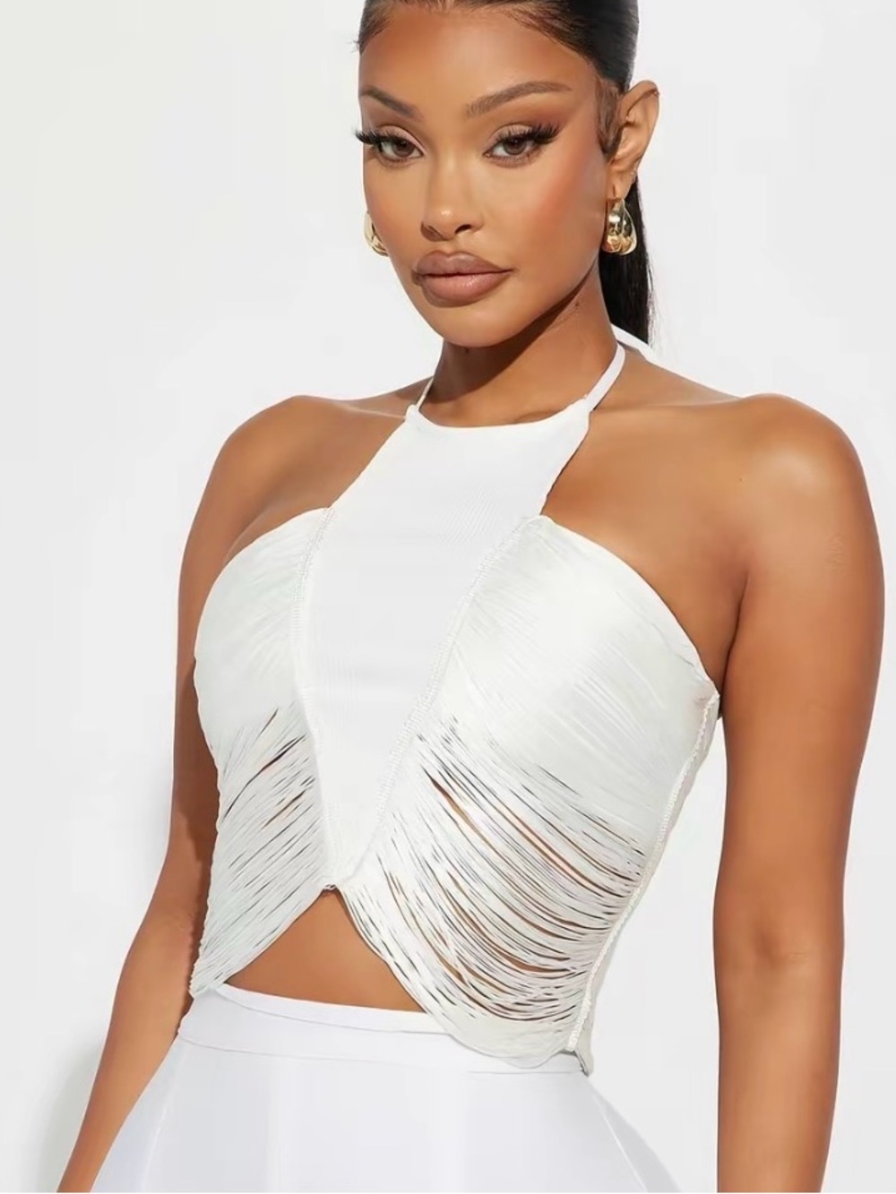 Fashion Nova Frazia Fringe Halter Top - White